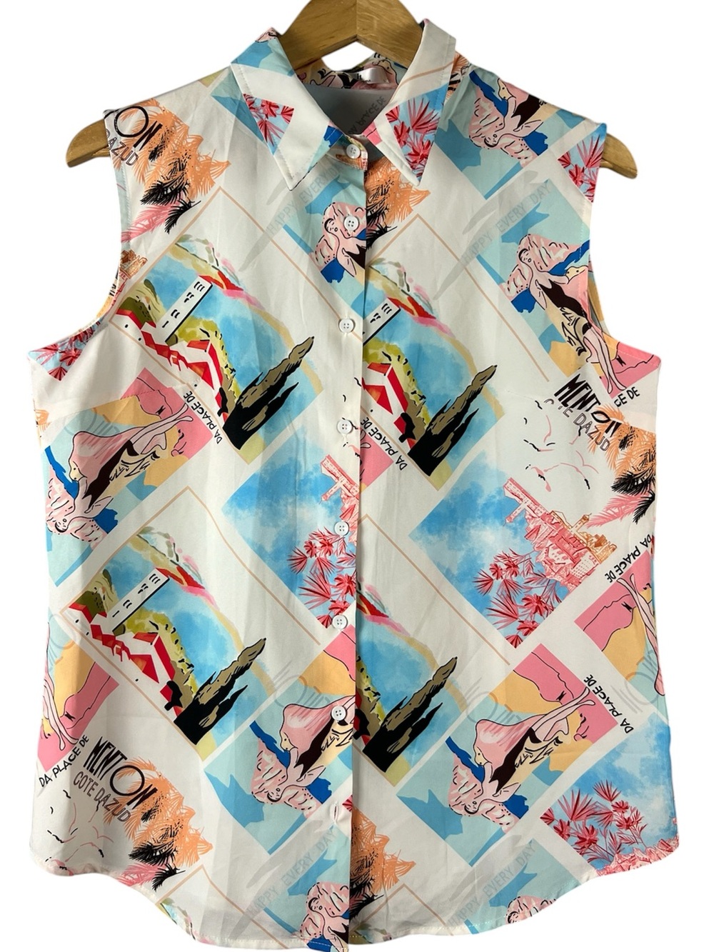 Sleeveless Collared Button-Up Graphic Print Blouse